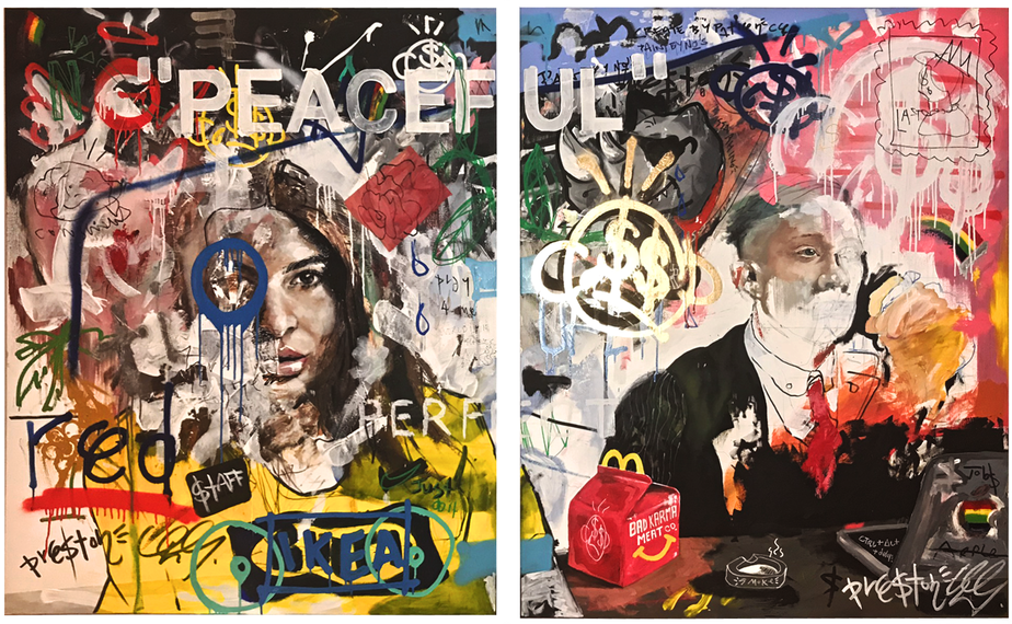 'Peaceful Chaos' by Preston Paperboy . A mixed-media diptych by one of the UK's most promising emerging artists.