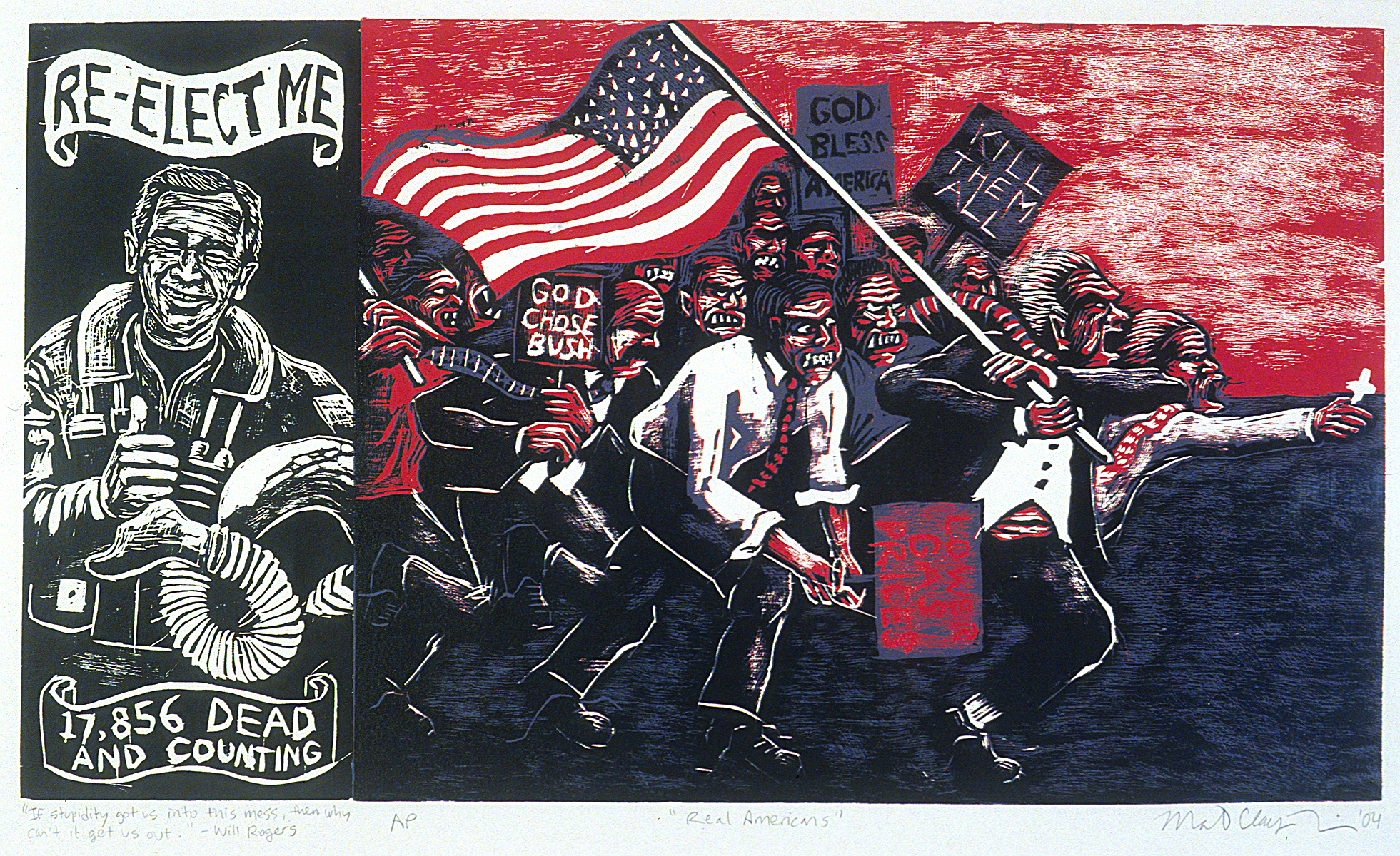 Matthew Clay-Robison. Real Americans . Woodcut. 22"x 15"