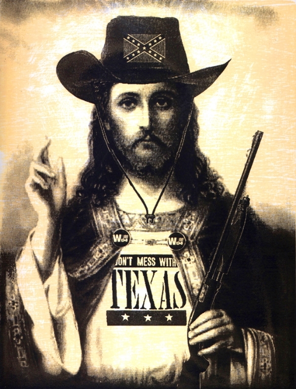  Matthew Clay Robison. Greatest Texan Ever (Republican Jesus) . Woodcut & Silkscreen. 11"x15"