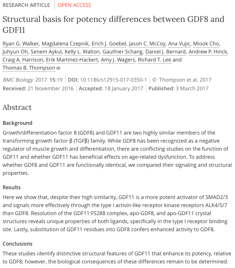 Publication in BMC biology: "Structural basis for potency differences between GDF8 and GDF11" https://bmcbiol.biomedcentral.com/articles/10.1186/s12915-017-0350-1