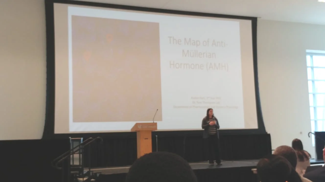 Kaitlin Hart achieved second place at the 3-minute thesis competition at UC’s Graduate Student Expo for her talk: “The Map of Anti-Mullerian Hormone (AMH).