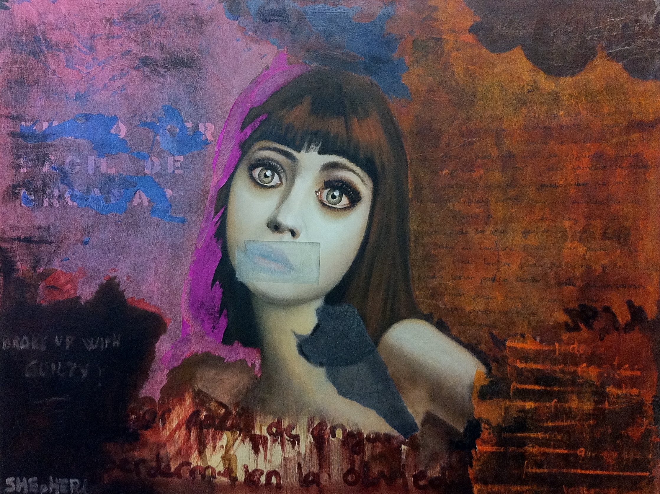 EASY TO DECEIVE, 2013, OIL AND COLAGE ON CANVAS, 30X40 IN