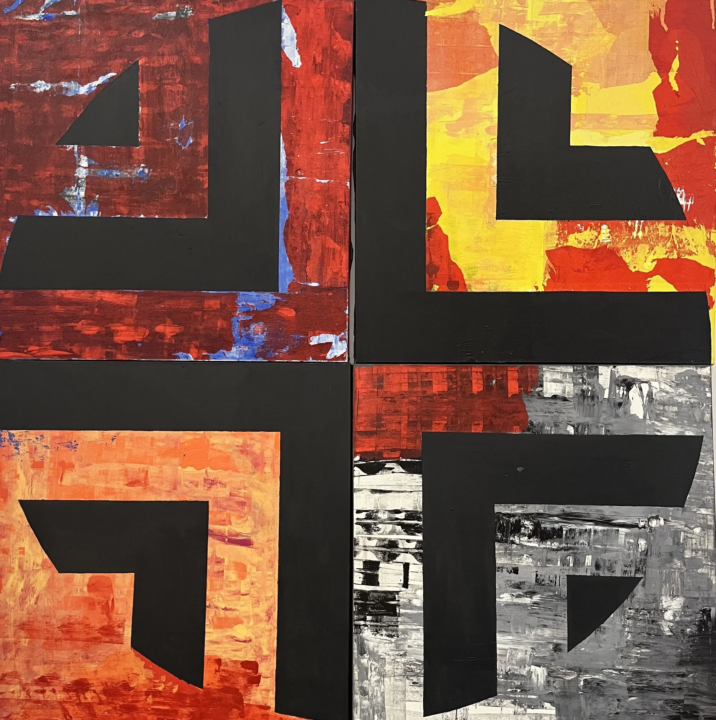 Mandala VIII, 2002 (Polyptych). Acrylic and paper on canvas. 72ｘ72 in. (183ｘ183 cm)