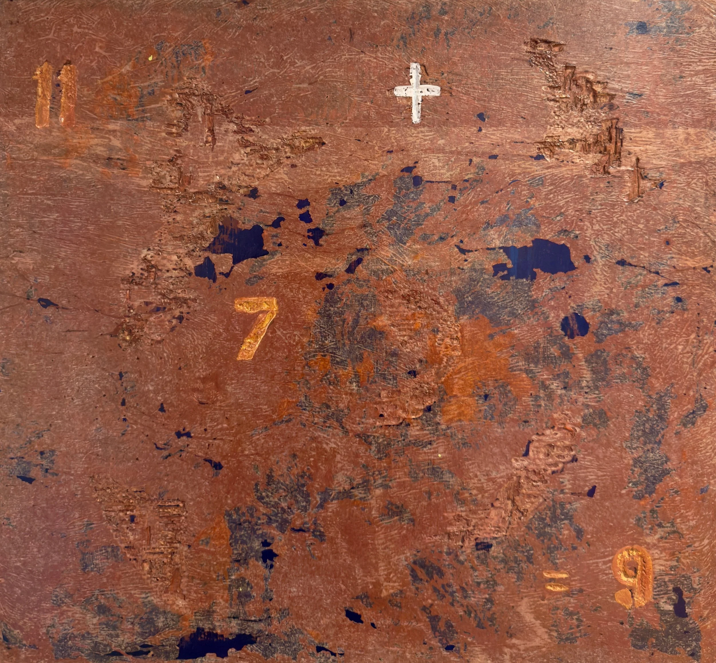 11+7=9, 2002 | 
 
Pigment, varnish and paper on carved wood 
 
21ｘ22 in. (53ｘ56 cm) 
 
