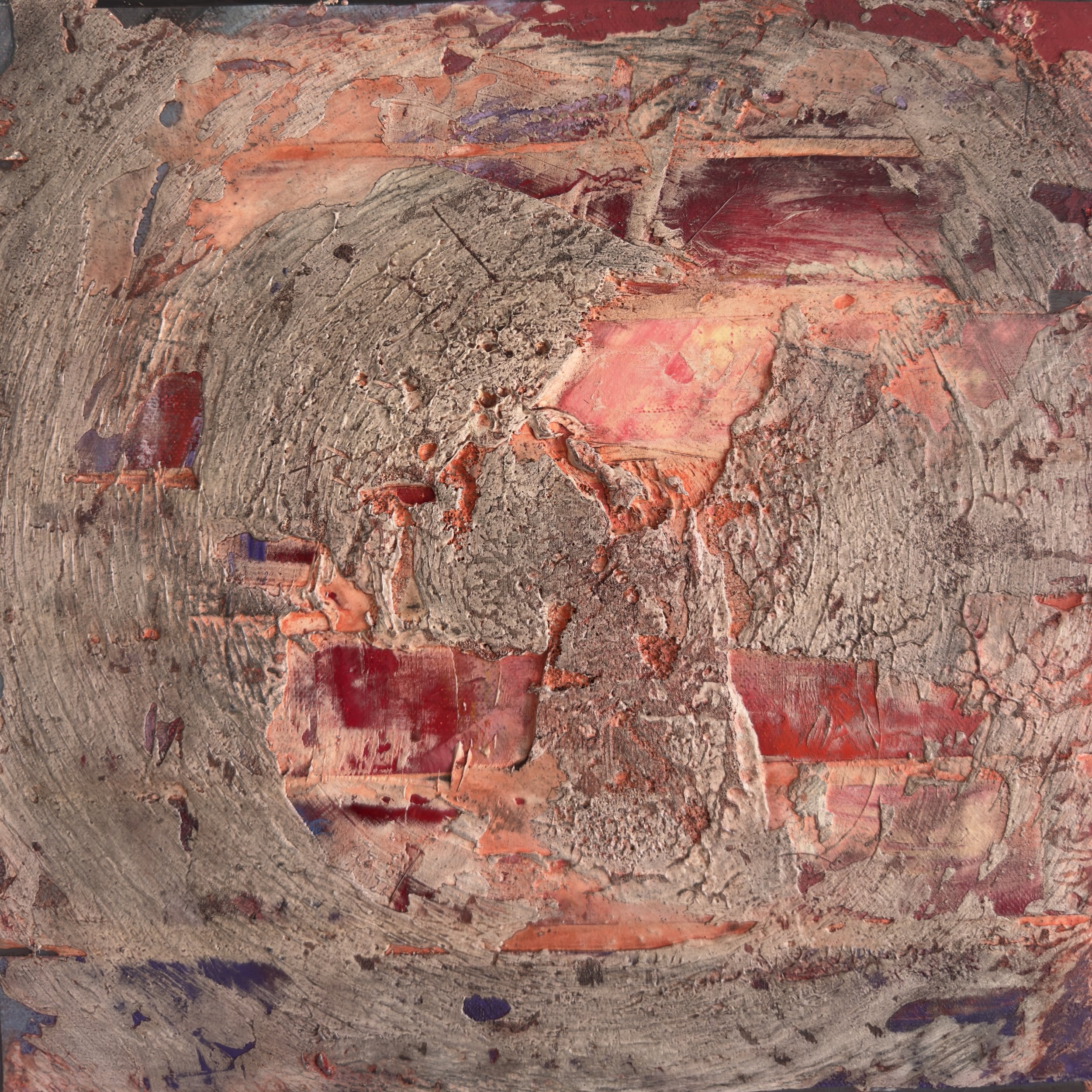 Strata, 2025 | Oil, plaster, painted canvas on wood | 12 x 12 inches