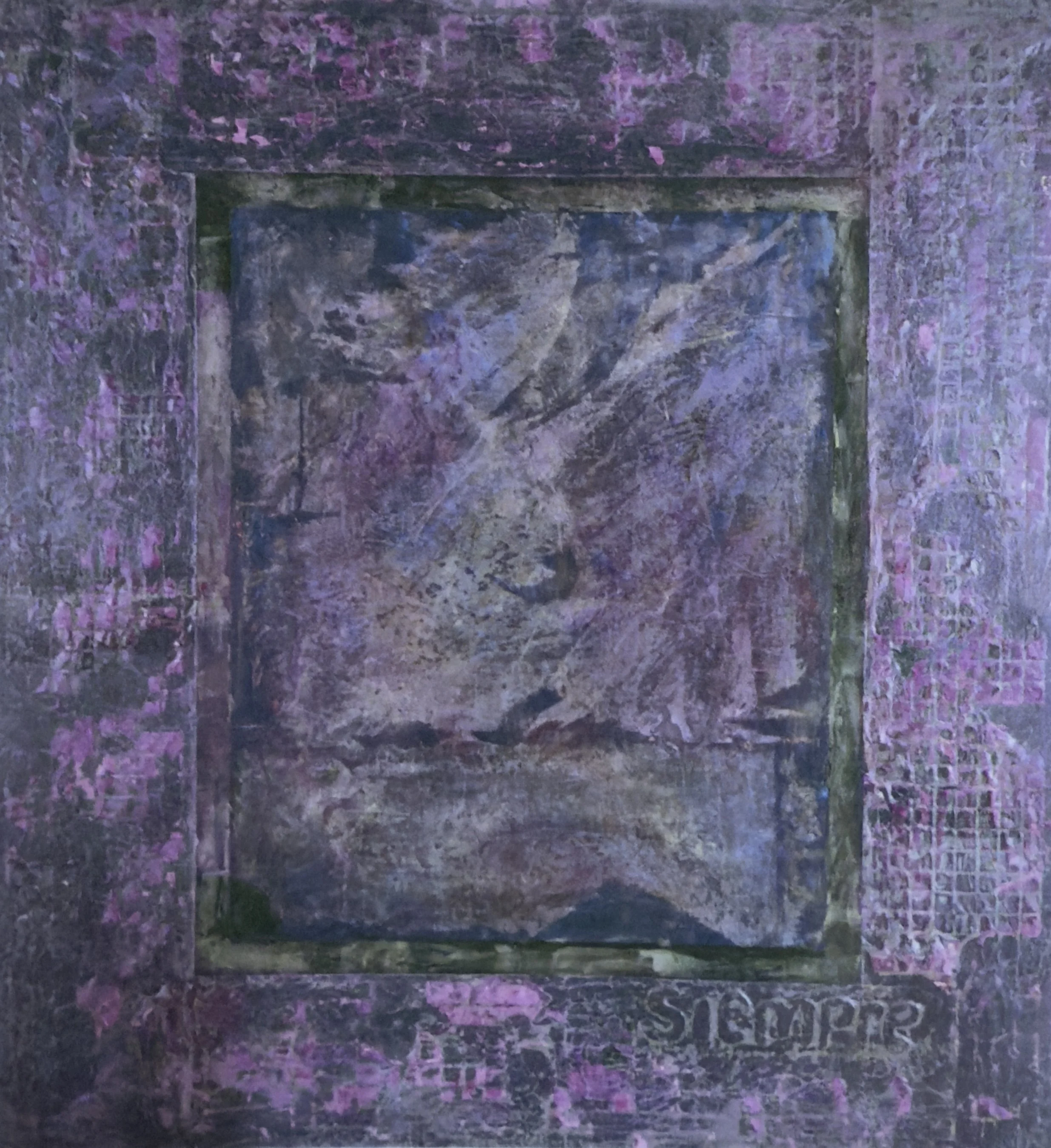 SIEMPRE MORADO, 2000 | 
 
Acrylic, plaster, beeswax and paper on wood 
  
46ｘ50 in.  (117ｘ127cm) 
