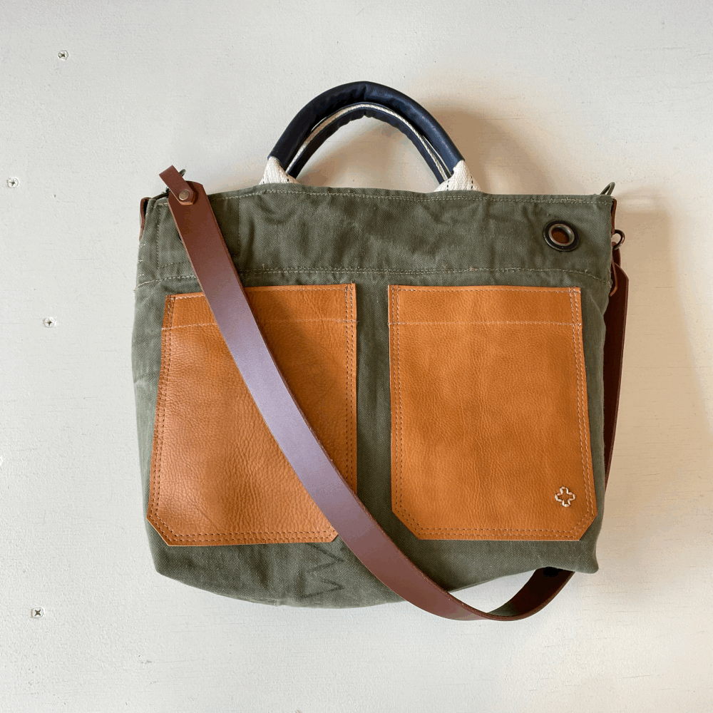 Vintage Graphite Canvas and Brown Leather Messenger Bag