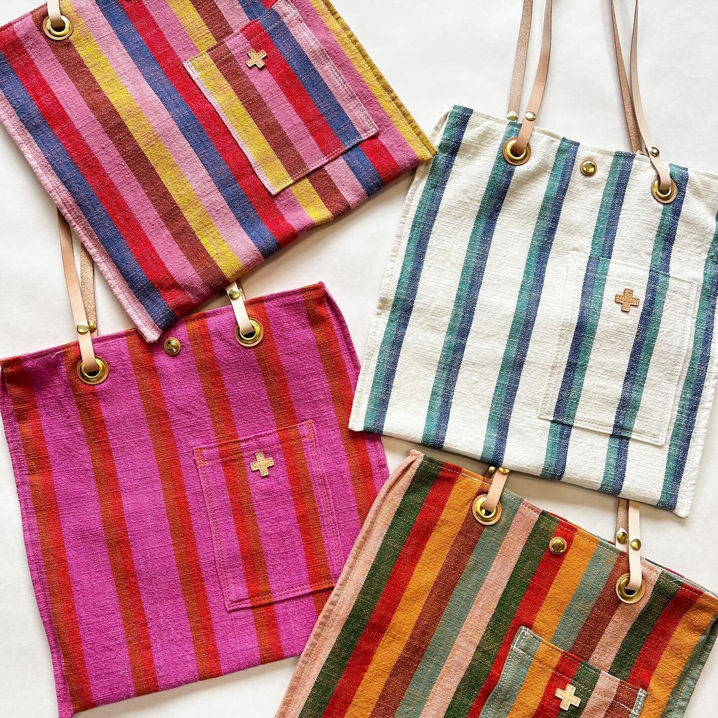 Colorful stripe totes are available on line. The natural vegtanned straps snap off for easy washing. We&rsquo;re definitely feeling the spring vibe at the shop.
(Reminder: our (6 month) sabbatical starts May 10. Get your summer on while we&rsquo;re o