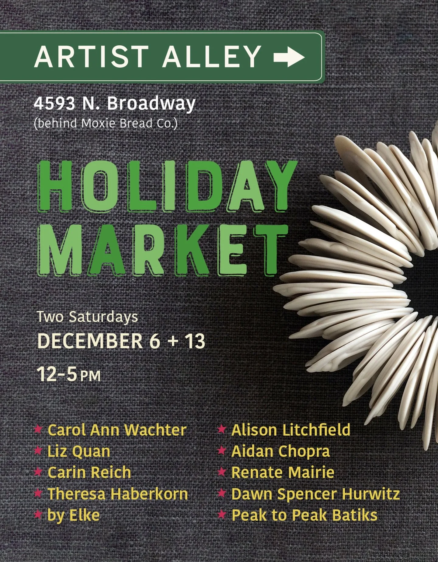 Please swing by Artist Alley to see what everyone has been creating this holiday. We&rsquo;ll only be open the first weekend but the rest of the studios will be open an additional day on 12/13. 
It&rsquo;s a one of a kind pop up for us which each pie
