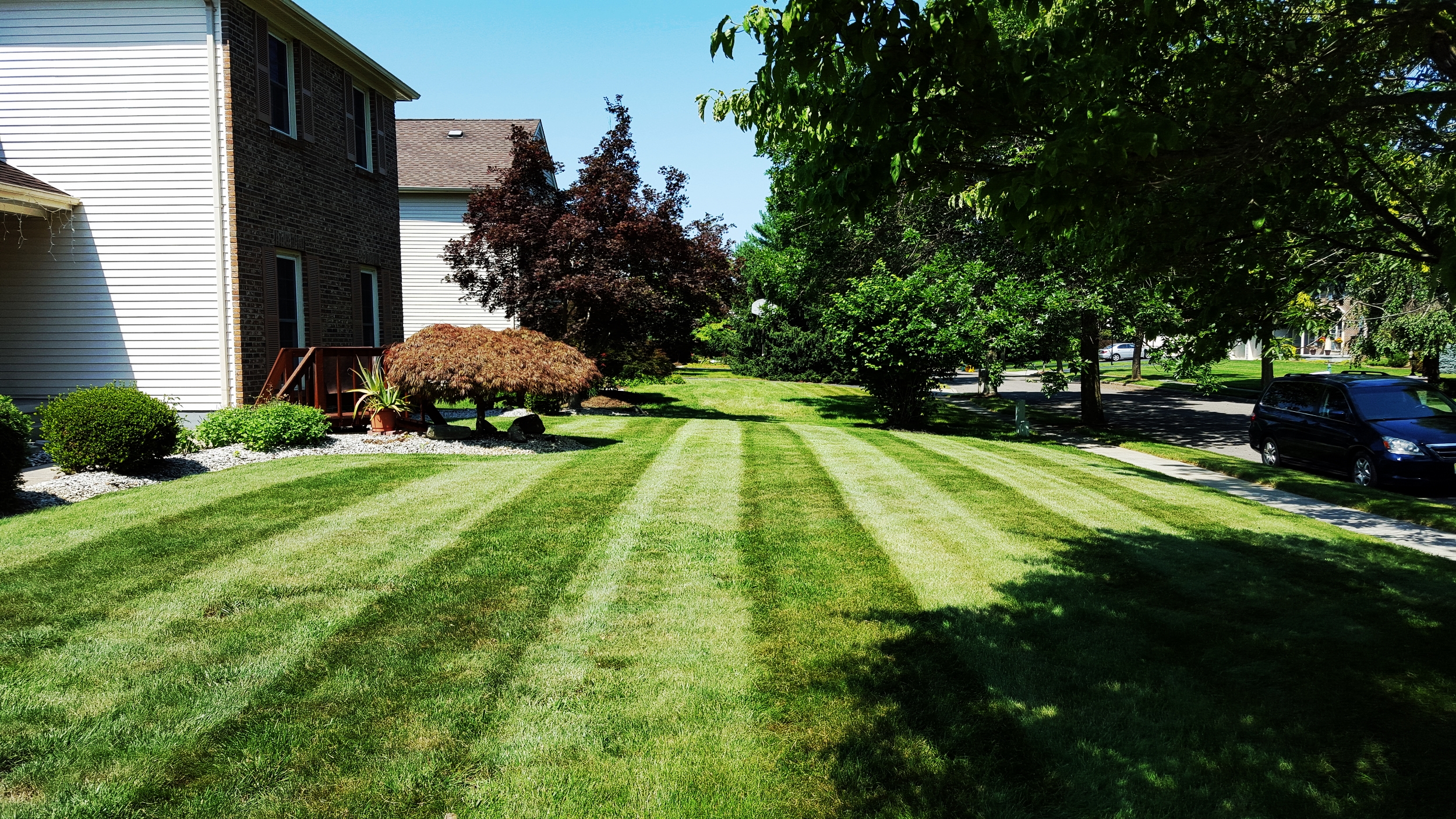 Lawn Maintenance in West Windsor New Jersey. Providing weekly lawn mowing services and fertilization and weed control to keep this lawn green and healthy. 