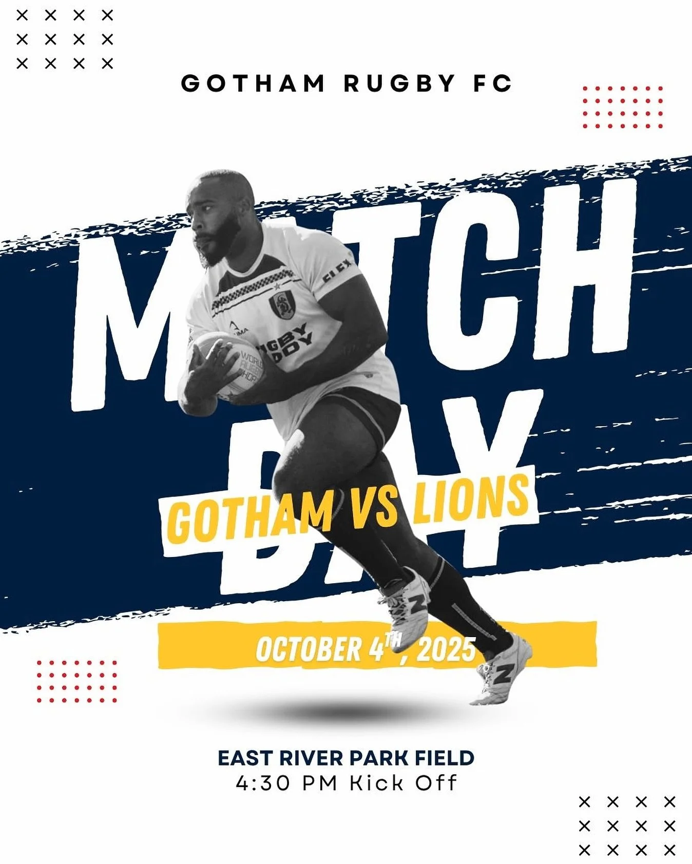 TODAY Gotham Rugby will be taking on the @villagelions this afternoon at East River Park. K.O. is at 4:30 PM! It&rsquo;s MATCH DAY! Get into it 🔥