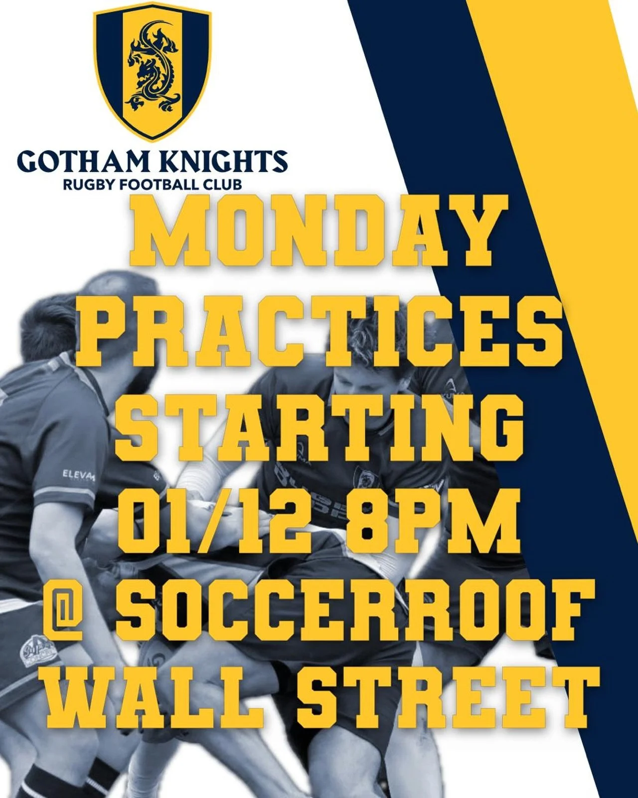 Pre-season is here! Interested in playing Rugby? Come check out a Gotham Knights&rsquo; practice at Socceroof - Wall St (28 Liberty St). We&rsquo;ll be holding practices every Monday (including tomorrow 1/12) from 8-9pm as we prepare for our spring s