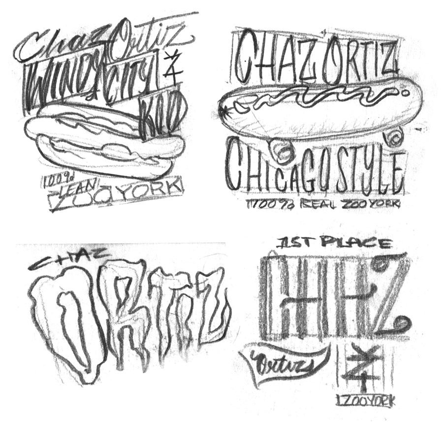 Pencil Art. Various rough lettering concepts for the Chaz Ortiz apparel line for Zoo York