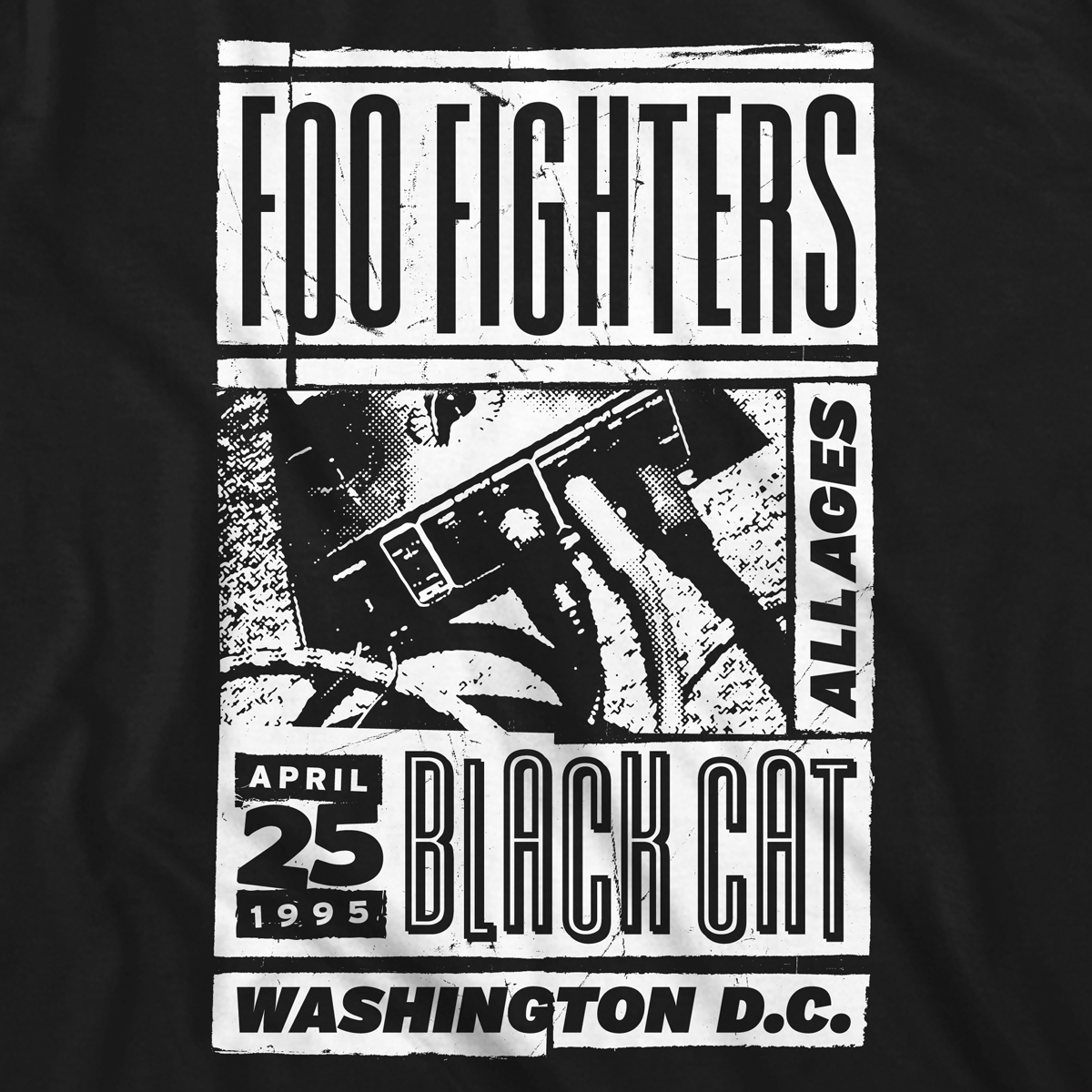 One color white print on a black shirt.