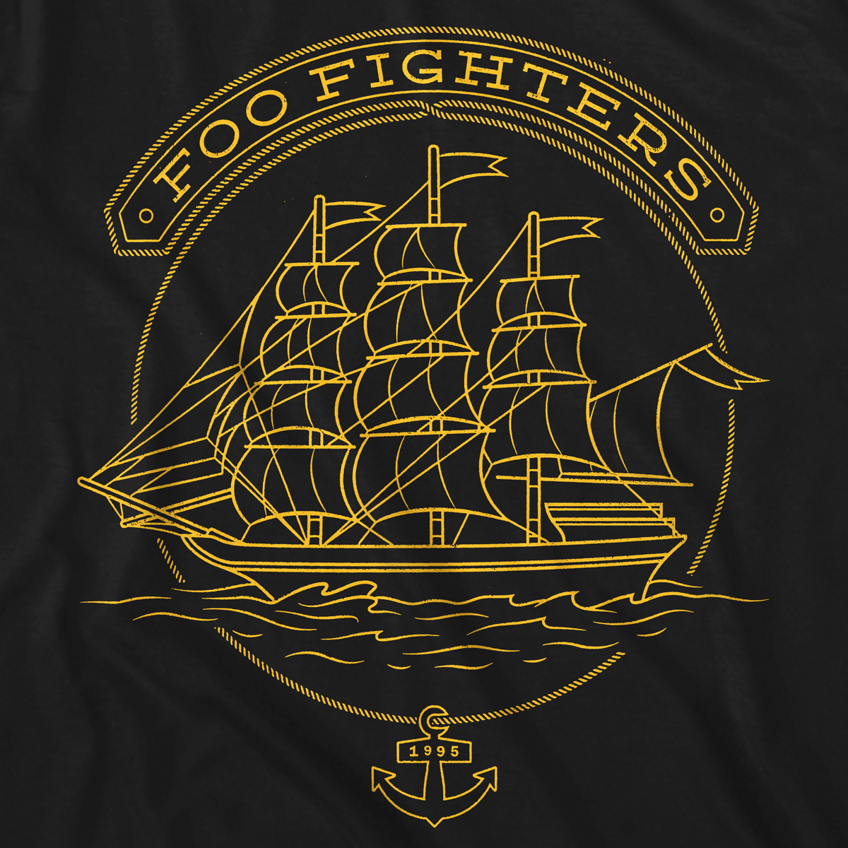 One color yellow print on a black shirt.
