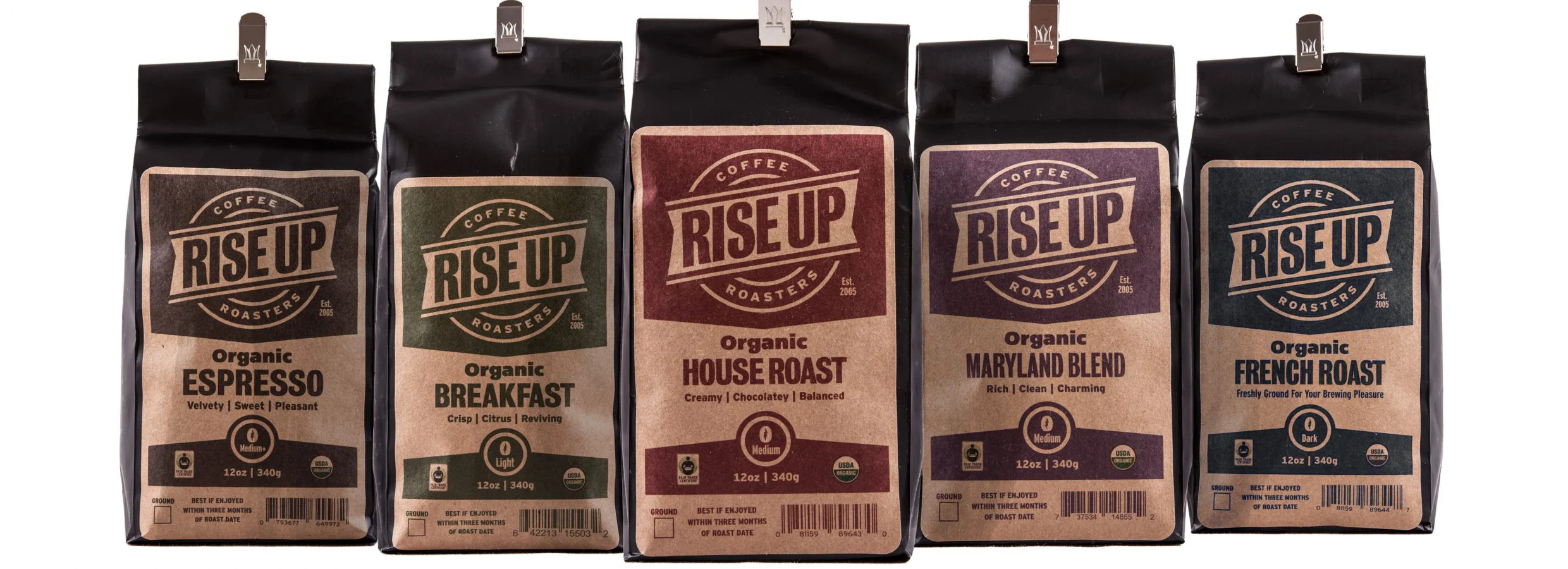 These five coffees make up the core line of retail coffee varieties offered by Rise Up Coffee Roasters.