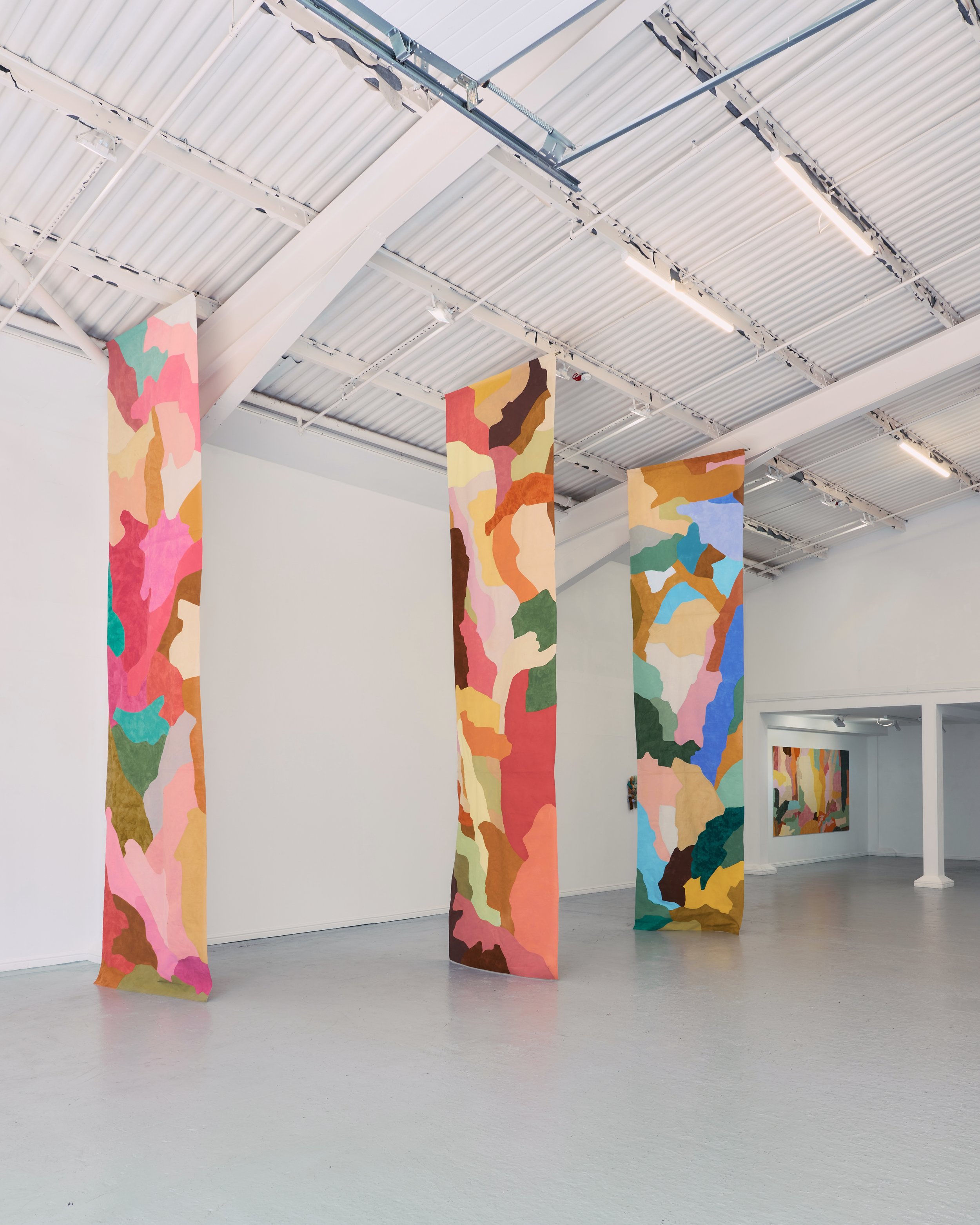 Long fabric collages at 'Held in Motion' with the Dot Project, Thames Side Studios