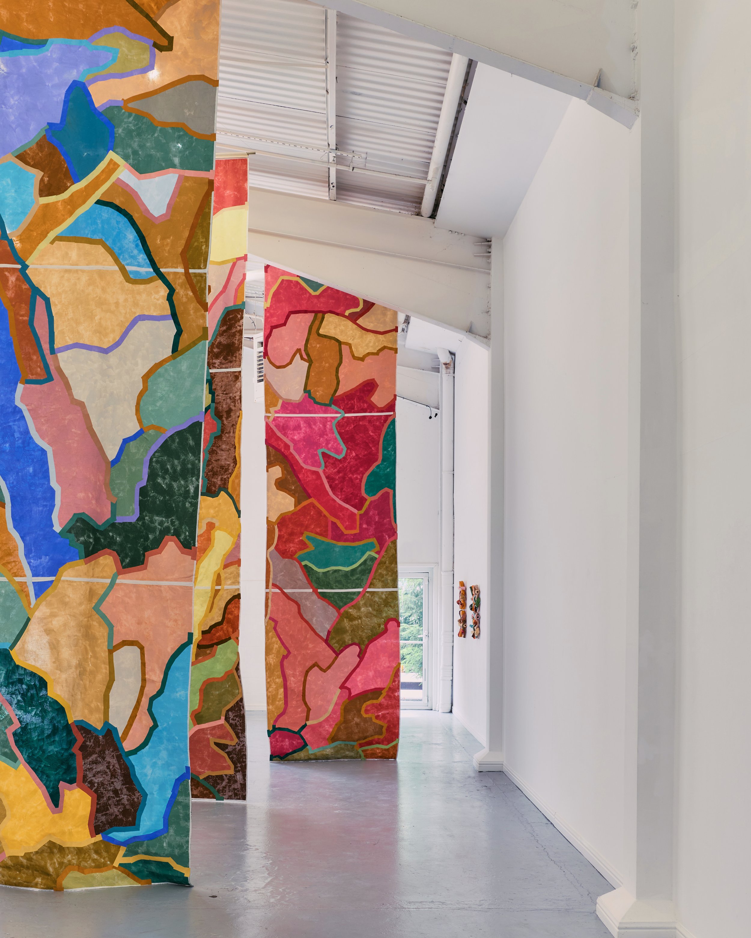 Long fabric collages at 'Held in Motion' with the Dot Project, Thames Side Studios