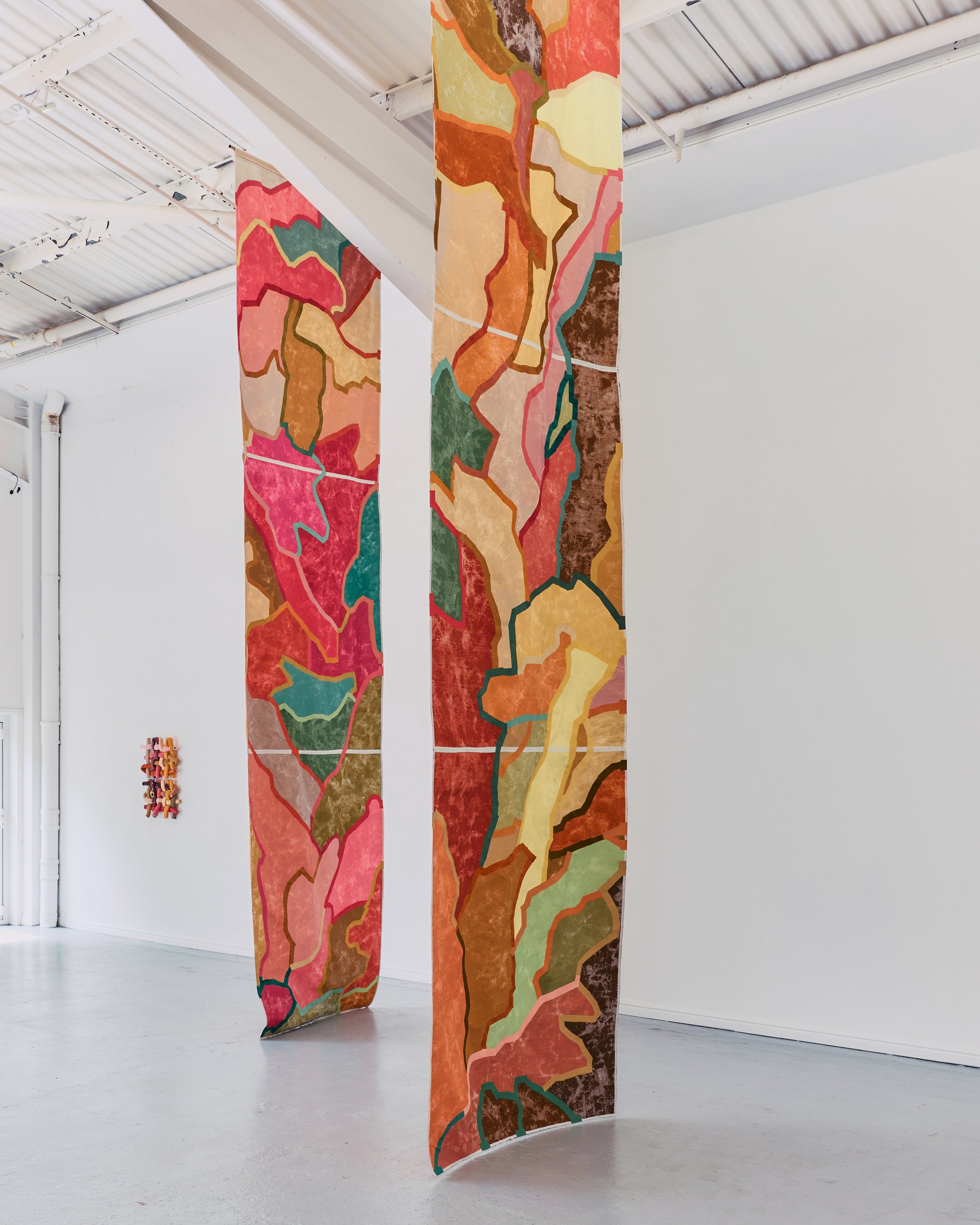 Long fabric collages at 'Held in Motion' with the Dot Project, Thames Side Studios