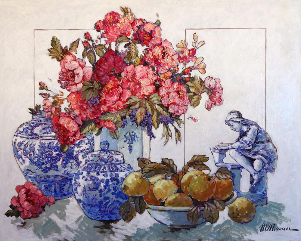 FLEURS À LA STATUETTE oil, 32 x 26 in.