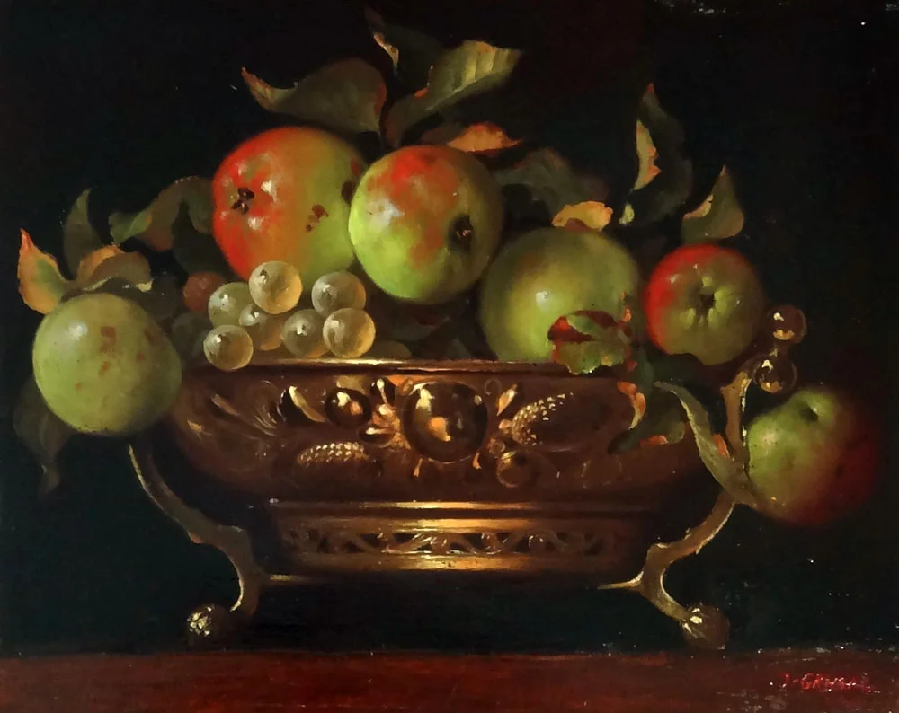 BOL DÉCORATIF DE FRUITS oil on panel, 12 x 9.5 in.