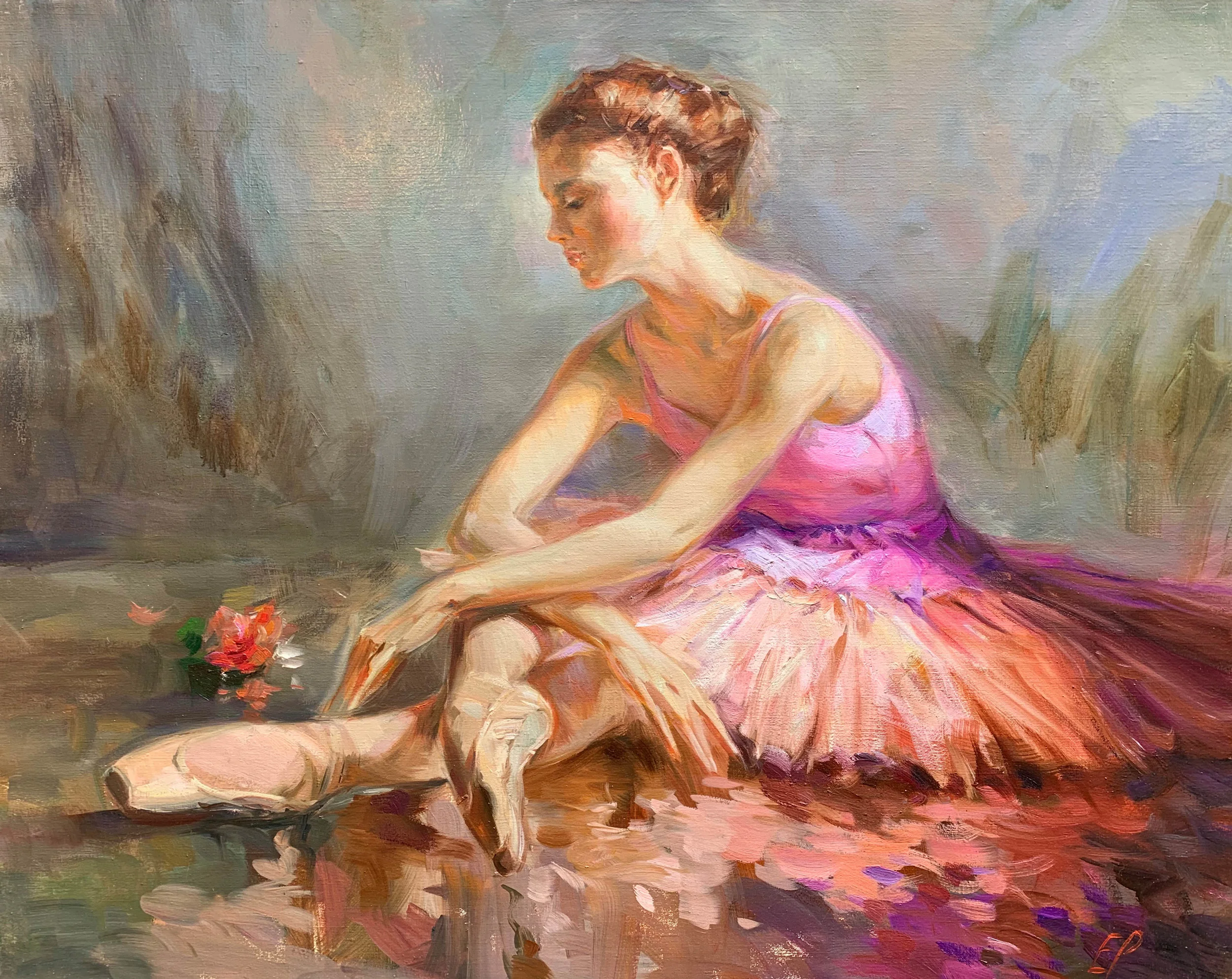 BALLERINA WITH A ROSE oil, 39 x 31 in.