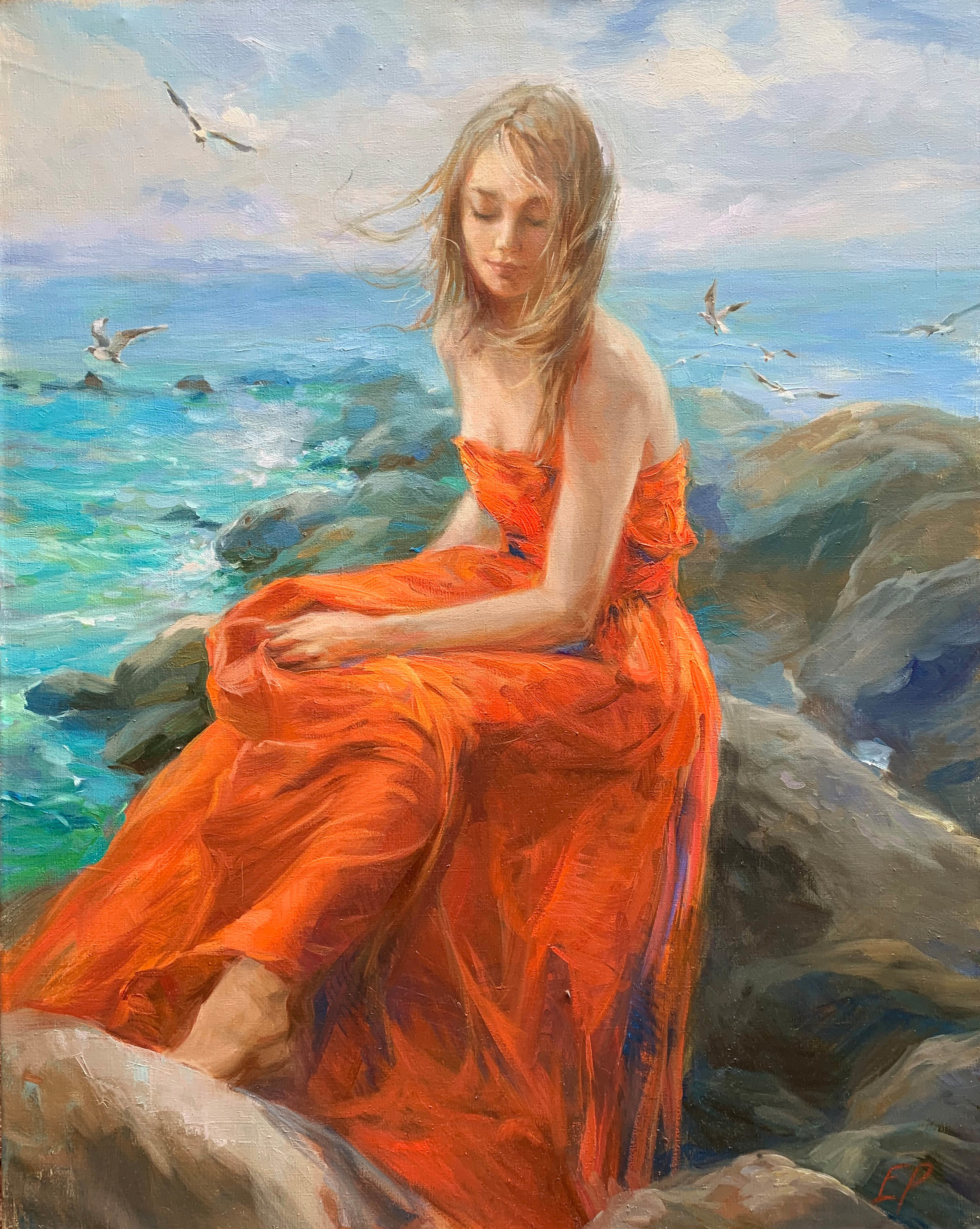 GIRL BY THE SEA oil, 31.5 x 39.5 in.