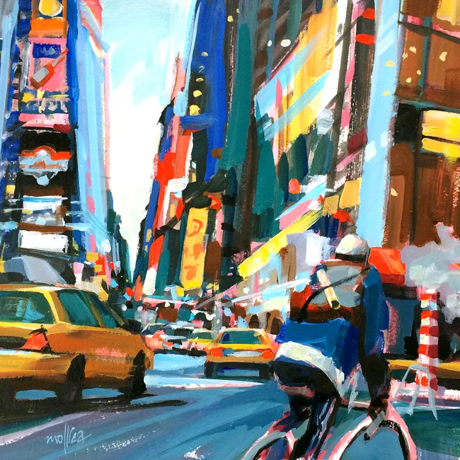 "Times Square Messenger" 14x14" Acrylic, New York City, Biker, Cabs, Times Square, 