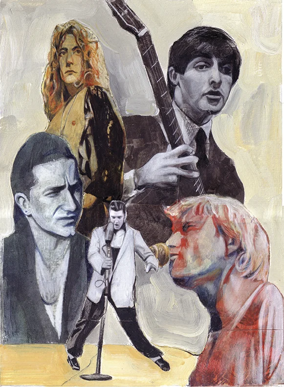 Led Zeppelin, Paul McCartney (Beatles), Bono (U2), Elvis Presley, Kurt Cobain (Nirvana) / American Way Magazine