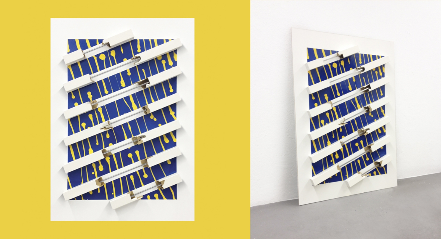 LACKING, N.01 , Industrial acrylic paint, Ikea table legs & metal on wood board, 2015 @ Claude Eigan
