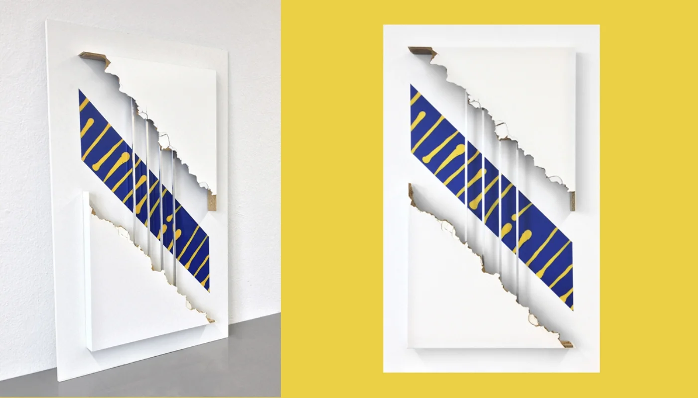 LACKING, N.02 ,Industrial acrylic paint, Ikea table legs & metal on wood board, 2015 @ Claude Eigan