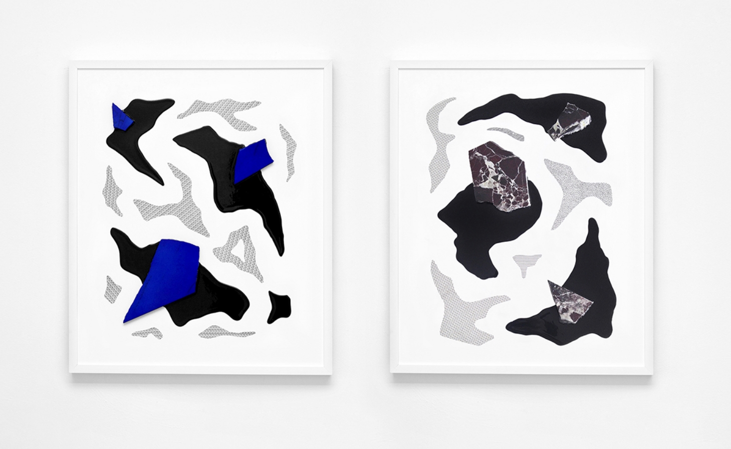 NOTIONS OF PLACES (SERIE 02, N.01 AND N.02), Industrial acrylic paint, painted marble and old letrasets decals on wood board, 2014 @ Claude Eigan