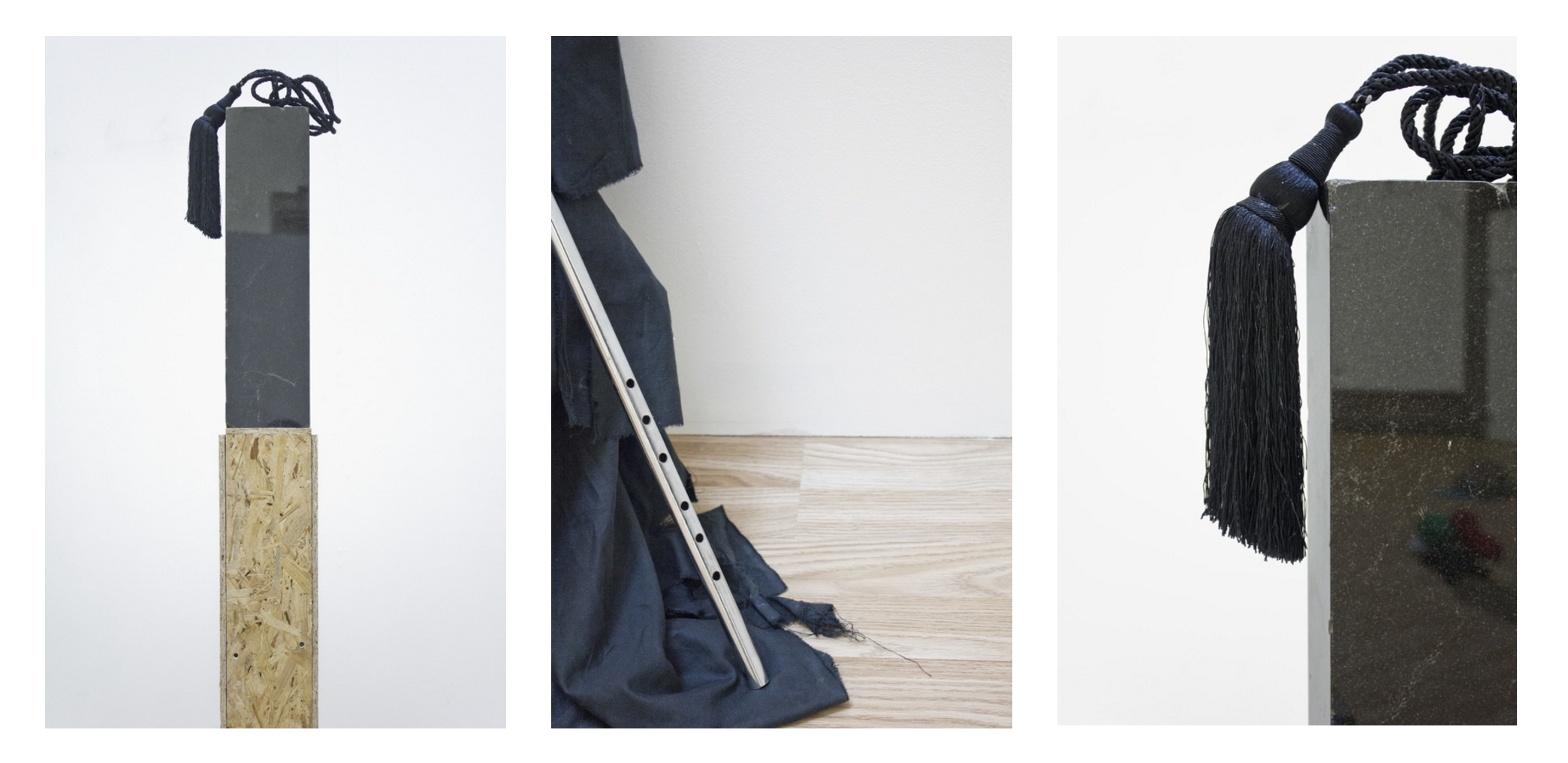 Standing at the ruins of my beloved, remembering a city we've never been to, timber, black cotton, monitor, removal blankets, cardamom, black granite, pltboard, nay flute, 2015 @Sulaiman Majali