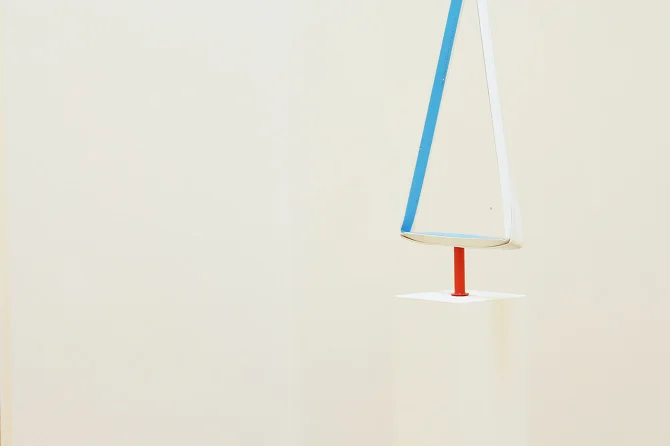Untitled, blue tape on a bent plastic bar, orange plastic pipe, ball attached broken glasses, plastic mashes, etc, 2015 @DongKwang Jo