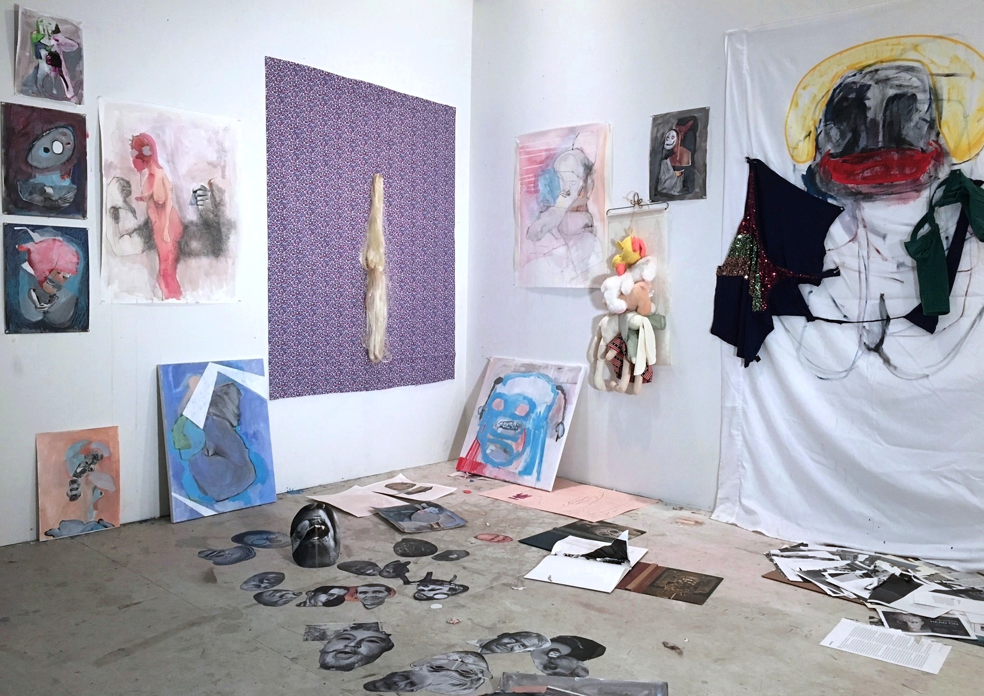 Studio detail, found objects, fabric, collages, drawings, 2016 @katya Grokhovsky