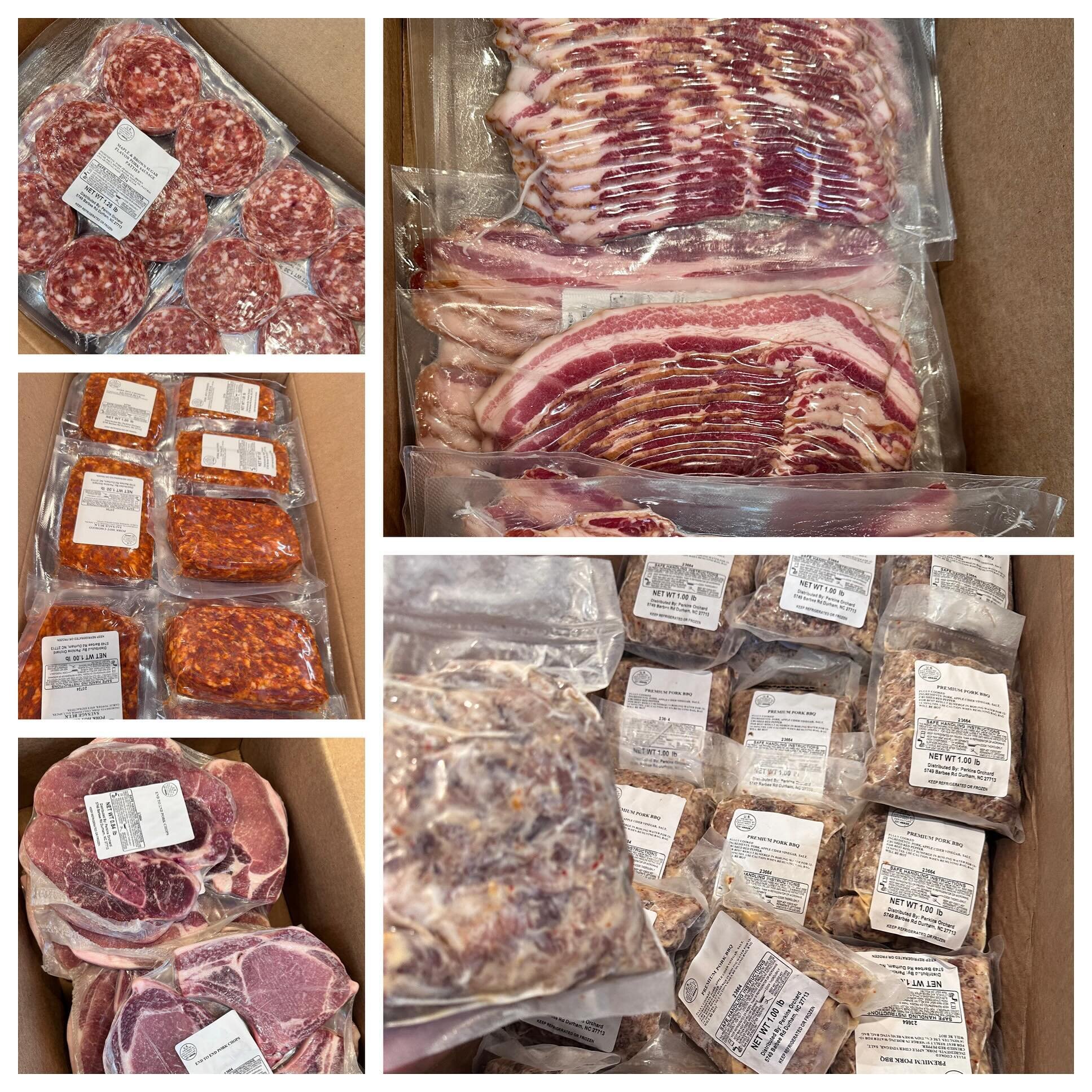 New Local Pork cuts just arrived ! Spicy Chorizo, fully cooked BBQ, uncured bacon, maple sausage patties, bone in chops and boneless pork chops, ribs, loin &amp; more !