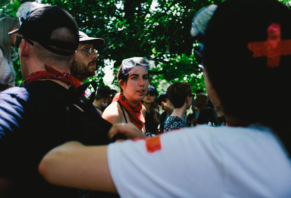 Counter-protesters gather in Charlottesville in response to white-nationalist groups who gathered for a "Unite the Right" rally at Emancipation Park. Clashes between the two groups broke out throughout the day. (Seth Herald / The Atlantic)