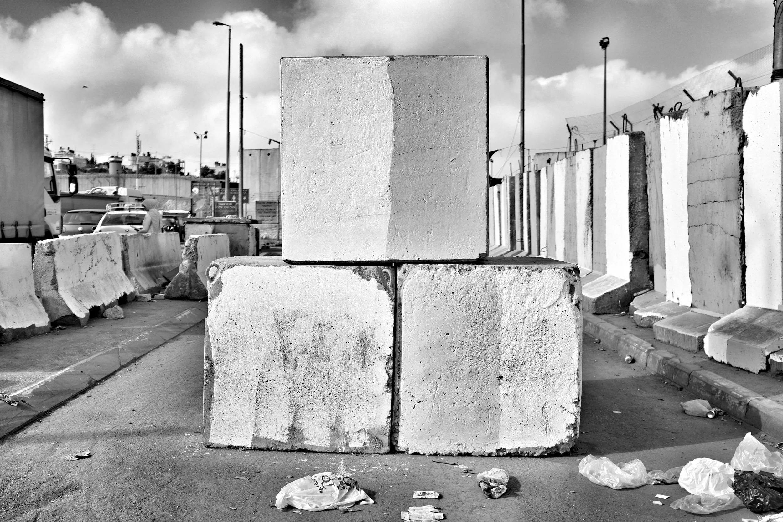 These blocks are used as a perch for IDF and Israeli Border Police on Friday when thousands of Palestinians walk through Qalandiya checkpoint on their way to Jerusalem for prayer at Al Aqsa Mosque during Ramadan. (Seth Herald/Redux Pictures)