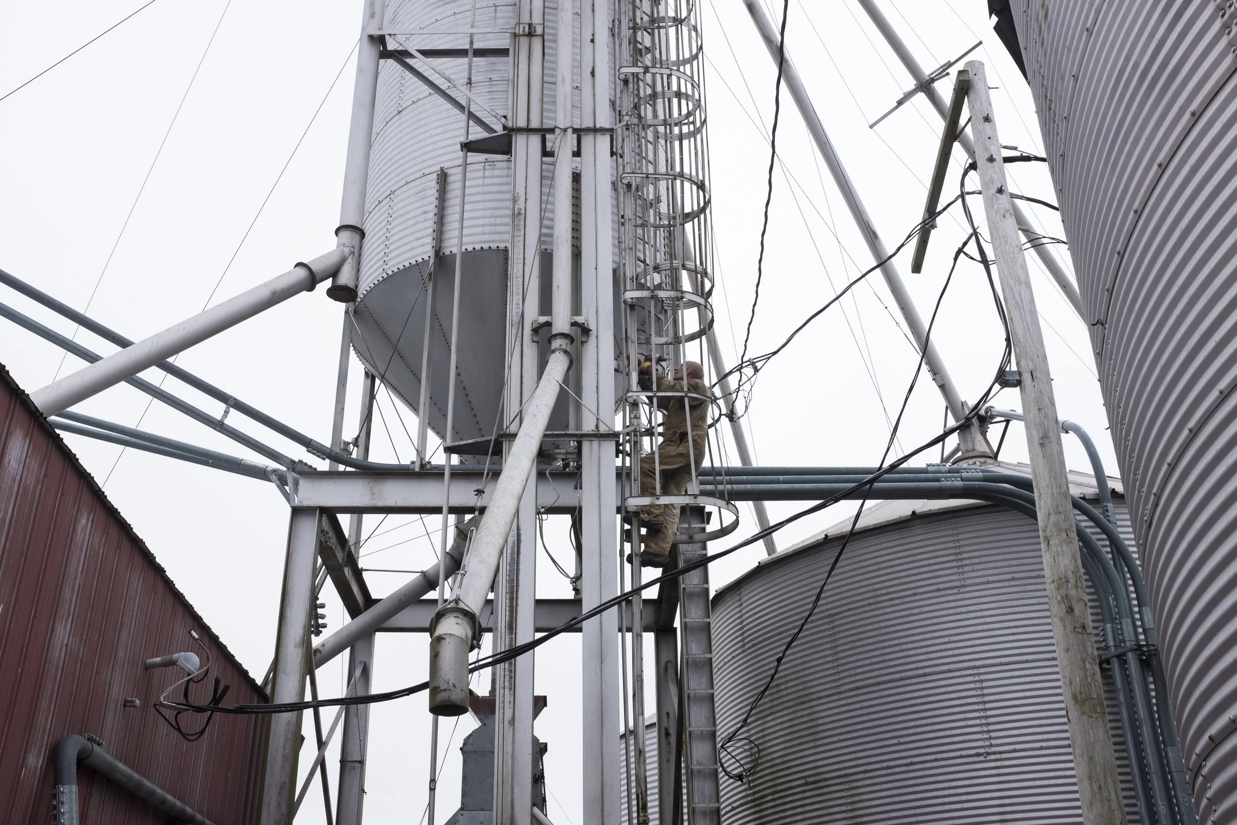 Greg Shobe climbs up the ladder of a grain-bin on his farm in Waynesfield, Ohio to fix a leak in the bin. Soybean prices fell more than 12% (lows not seen since 2008) since China placed a 25% import tax on the legume to retaliate against the Trump administration. According to Purdue University/CME Group report, 70 percent of farmers are expecting a decline in income of ten percent or more next year. The Shobe farm is expecting to lose between $100,000.00 $150,000.00 of their income due to the U.S. Trade War with China.