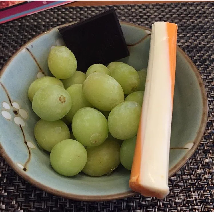 Frozen grapes, string cheese, dark chocolate
