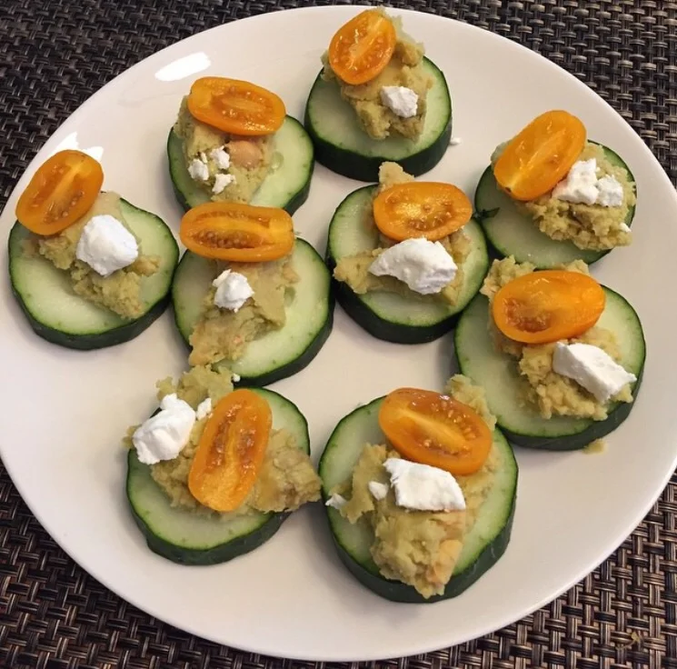 Cucumber, goat cheese, hummus, cherry tomato (also known as Cute Cukes from Fit Girls Guide Cookbook)