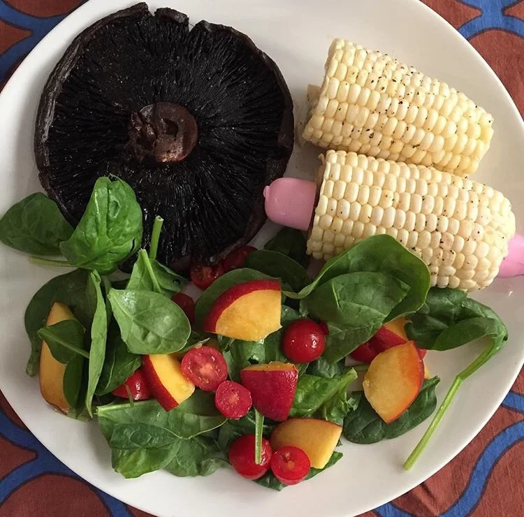 Grilled portobellos and corn on the cob made in Krike's Kitchen.