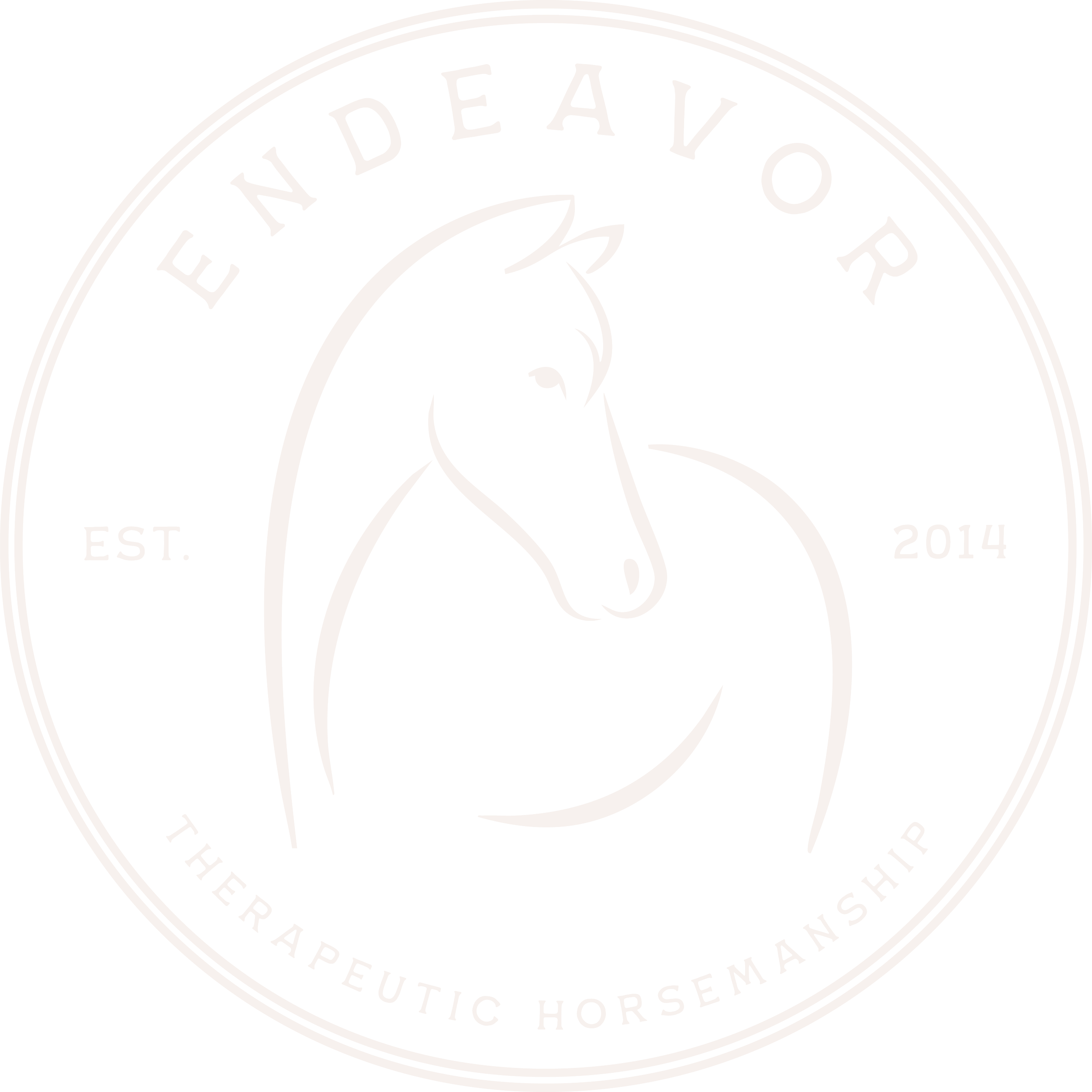 Close-up of a circular logo with a horse head silhouette in the center, surrounded by text including 'EST.', '2014', and 'EQUESTRIAN HORSEMASTERS'.