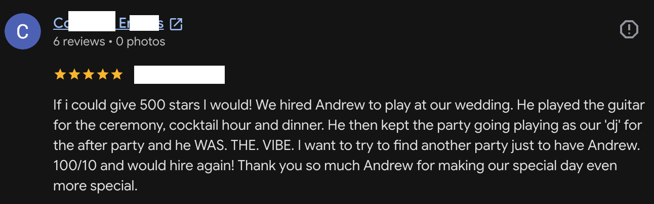 5-star review of Andrew Sullivan the musician from Texas.