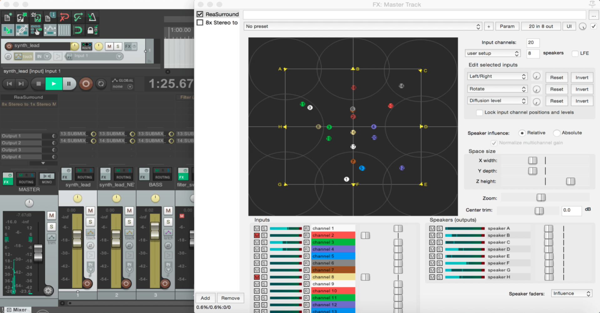 Mixing the 8.2 sound track using ReaSurround plugin and Reaper DAW