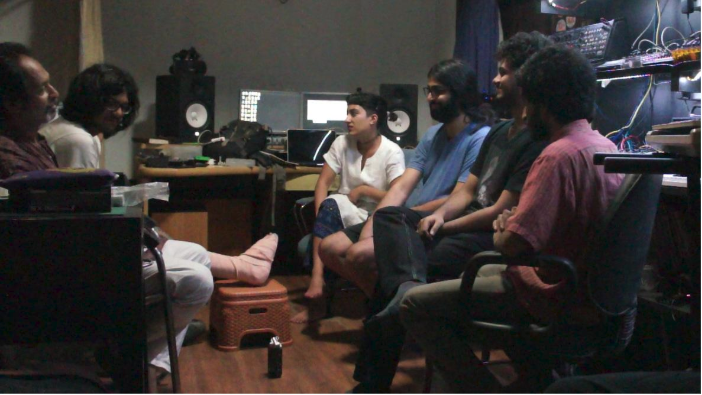Kiran Bhumber conducting and interview with (left to right) Culture Monks director Sudipta Dawn, Listening Room director Rana Ghose, DJ/synthesizer builder Varun Desai, and noise duo Jessop & Co. Calcutta, June 22, 2017.
