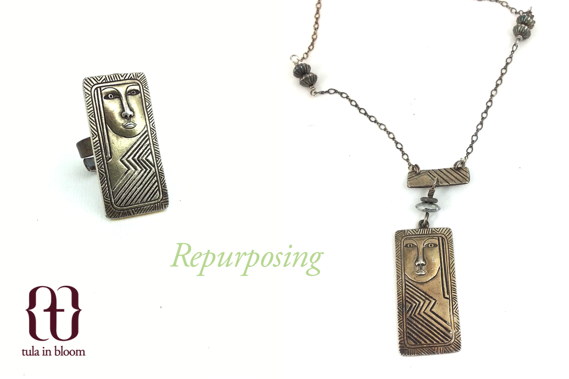 Custom order: repurposed a broken pair of Laurel Burch sterling silver earrings into a necklace and ring set.