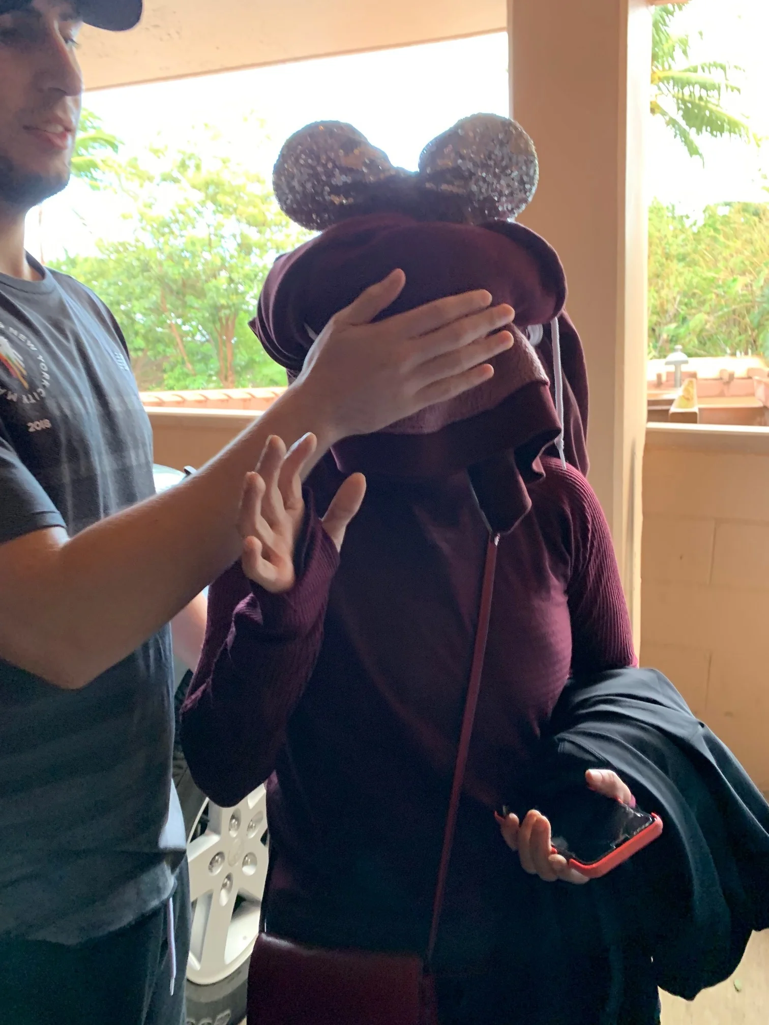 Kalani’s sweatshirt blindfold