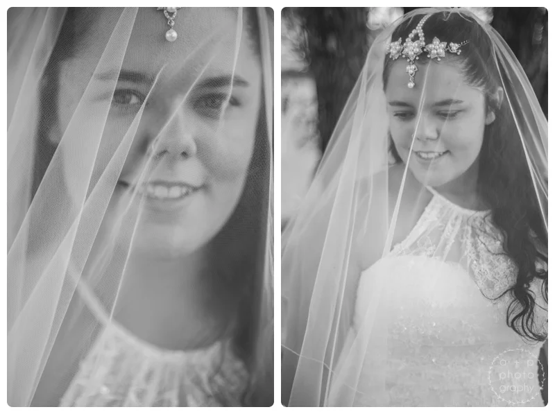 The veil and the headpiece made by the bride perfectly complimented each other. 