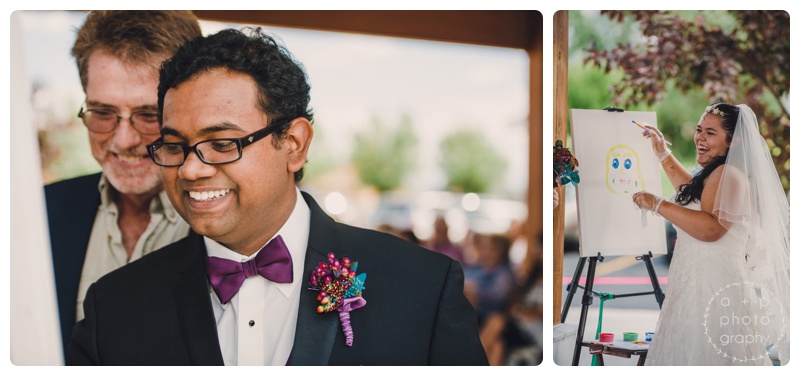 The bride and groom painted portraits of each other during the ceremony. Definitely a unique ceremony event and so much fun! 